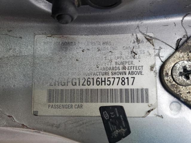 2HGFG12616H577817 - 2006 HONDA CIVIC LX SILVER photo 12