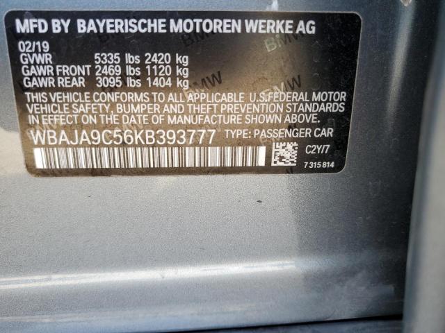 WBAJA9C56KB393777 - 2019 BMW 530E SILVER photo 12