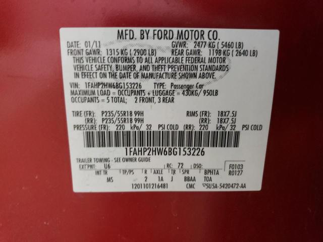 1FAHP2HW6BG153226 - 2011 FORD TAURUS SEL RED photo 12