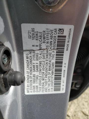 2HGFC1F74MH702465 - 2021 HONDA CIVIC EXL ვერცხლისფერი ფოტო 12