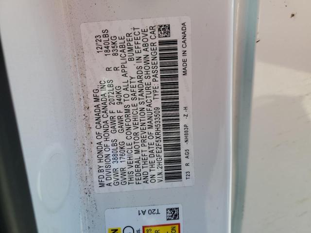 2HGFE2F5XRH533509 - 2024 HONDA CIVIC SPORT WHITE photo 12