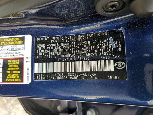 4T1BK1EB7DU045840 - 2013 TOYOTA AVALON BASE Azul foto 12