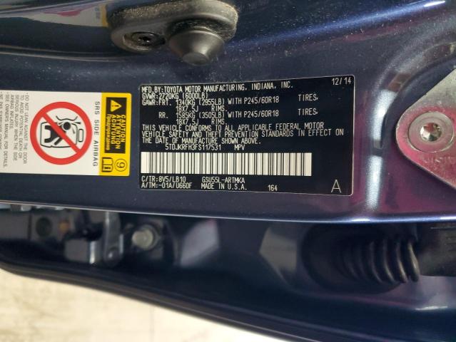 5TDJKRFH3FS117531 - 2015 TOYOTA HIGHLANDER XLE 蓝色 照片 13