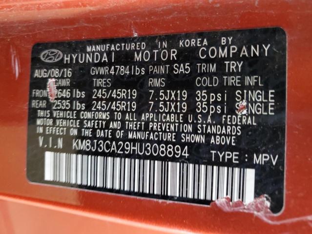 KM8J3CA29HU308894 - 2017 HYUNDAI TUCSON LIMITED ORANGE photo 12