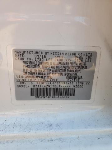 3N1CN7AP4KL812235 - 2019 NISSAN VERSA S WHITE photo 12