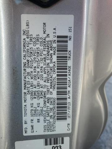 5TETX22N28Z563060 - 2008 TOYOTA TACOMA ACCESS CAB ვერცხლისფერი ფოტო 12