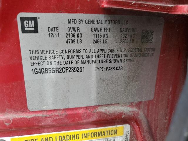 1G4GB5GR2CF239251 - 2012 BUICK LACROSSE CONVENIENCE RED photo 12