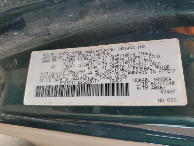 5TBBT44162S290117 - 2002 TOYOTA TUNDRA ACCESS CAB მწვანე ფოტო 12