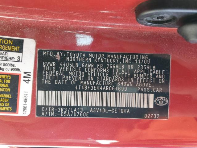 4T4BF3EK4AR064699 - 2010 TOYOTA CAMRY 4D 2 BASE RED photo 12