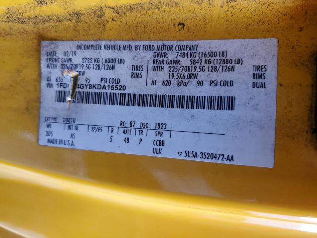 1FDUF4GY8KDA15520 - 2019 FORD F450 SUPER DUTY YELLOW photo 10