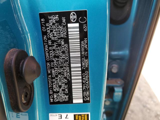 JTDKARFPXJ3069258 - 2018 TOYOTA PRIUS PRIM ლურჯი ფოტო 12