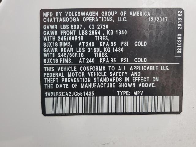 1V2LR2CA2JC551435 - 2018 VOLKSWAGEN ATLAS SE WHITE photo 13