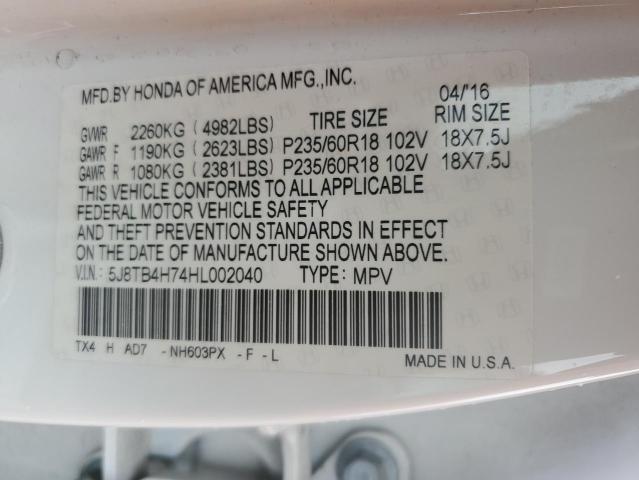 5J8TB4H74HL002040 - 2017 ACURA RDX ADVANCE WHITE photo 14