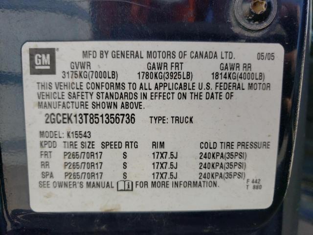 2GCEK13T851356736 - 2005 CHEVROLET SILVERADO K1500 BLUE photo 12