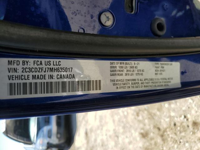 2C3CDZFJ7MH635017 - 2021 DODGE CHALLENGER R/T SCAT PACK BLUE photo 12