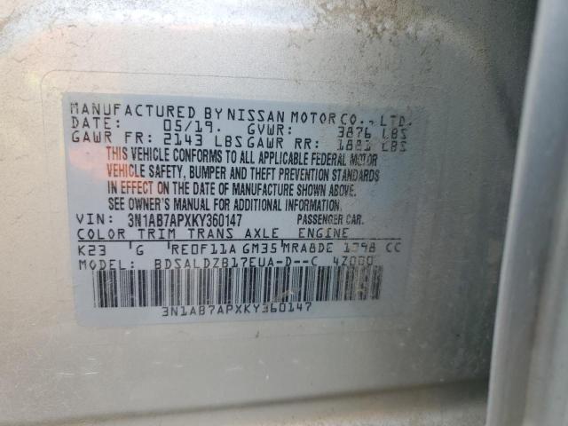 3N1AB7APXKY360147 - 2019 NISSAN SENTRA S SILVER photo 12