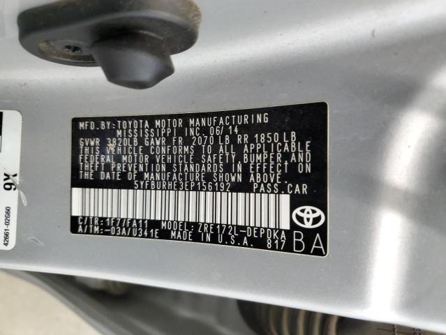 5YFBURHE3EP156192 - 2014 TOYOTA COROLLA L SILVER photo 12