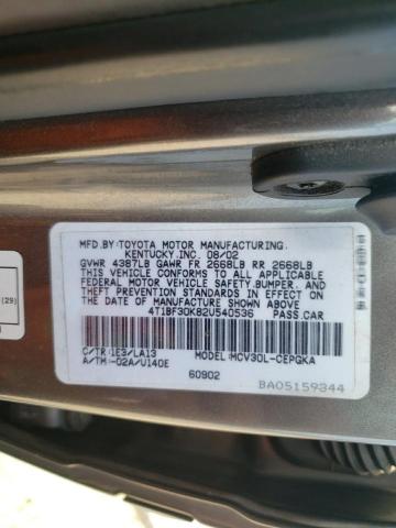 4T1BF30K82U540536 - 2002 TOYOTA CAMRY LE GRAY photo 12