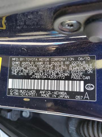 JTHBB1BA1A2037772 - 2010 LEXUS HS 250H BLUE photo 12