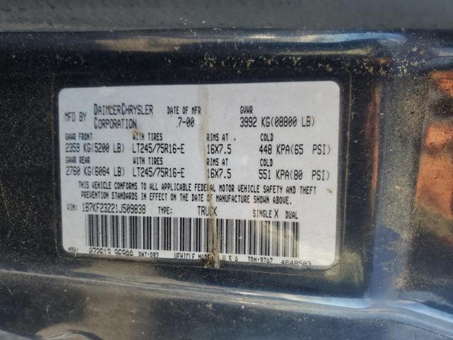 1B7KF23Z21J509838 - 2001 DODGE RAM 2500 BLUE photo 12