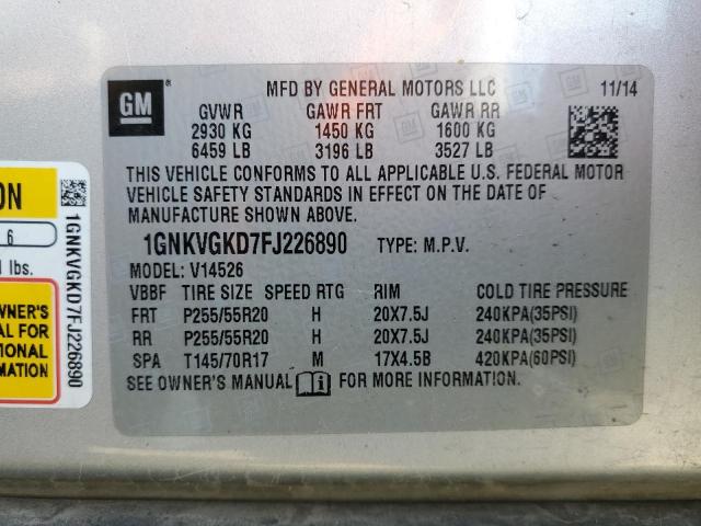 1GNKVGKD7FJ226890 - 2015 CHEVROLET TRAVERSE LT SILVER photo 13