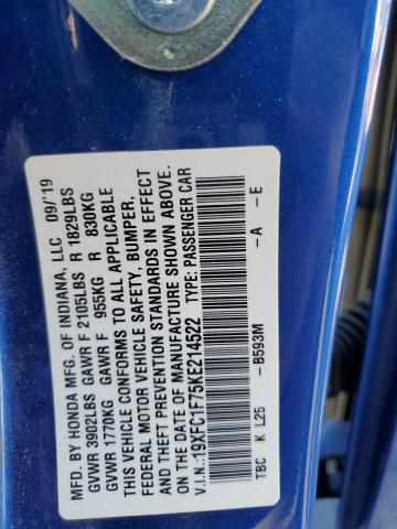 19XFC1F75KE214522 - 2019 HONDA CIVIC EXL BLUE photo 13