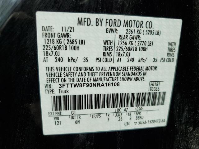 3FTTW8F90NRA16108 - 2022 FORD MAVERICK XL BLACK photo 12