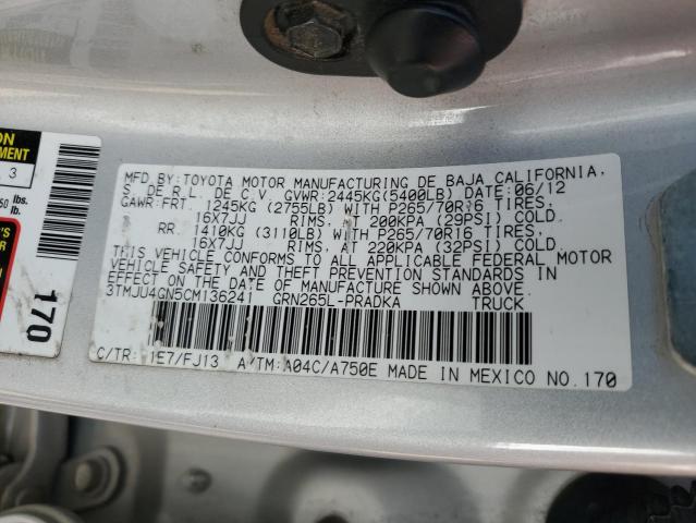 3TMJU4GN5CM136241 - 2012 TOYOTA TACOMA DOUBLE CAB PRERUNNER SILVER photo 12