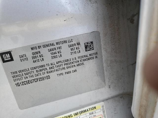 1G1ZC5EU7CF259103 - 2012 CHEVROLET MALIBU 1LT SILVER photo 12