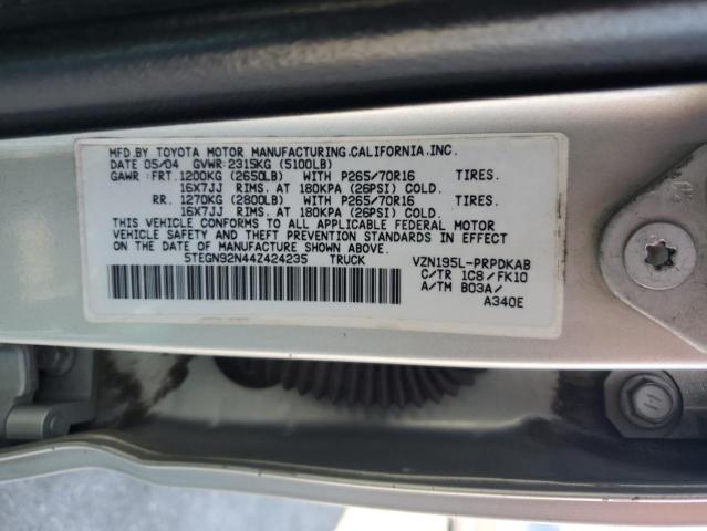 5TEGN92N44Z424235 - 2004 TOYOTA TACOMA DOUBLE CAB PRERUNNER SILVER photo 12