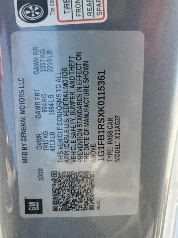 1G1FB1RSXK0115361 - 2019 CHEVROLET CAMARO LS ნაცრისფერი ფოტო 12