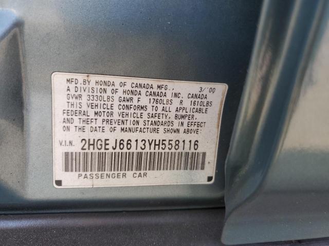 2HGEJ6613YH558116 - 2000 HONDA CIVIC BASE BLUE photo 12