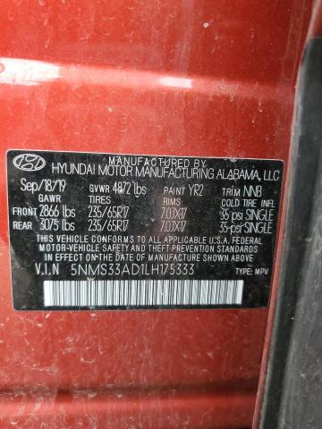 5NMS33AD1LH175333 - 2020 HYUNDAI SANTA FE SEL Նարնջագույն լուսանկար 13