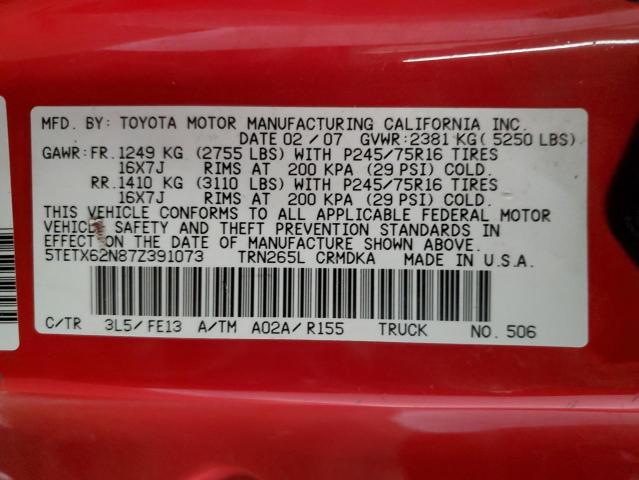 5TETX62N87Z391073 - 2007 TOYOTA TACOMA PRERUNNER ACCESS CAB RED photo 12