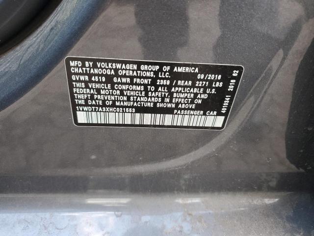 1VWDT7A3XHC021553 - 2017 VOLKSWAGEN PASSAT R-LINE Մոխրագույն լուսանկար 12