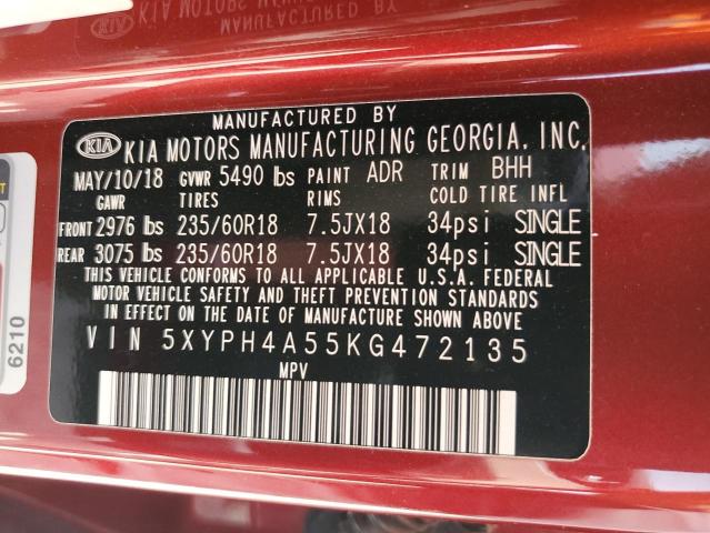 5XYPH4A55KG472135 - 2019 KIA SORENTO EX RED photo 13