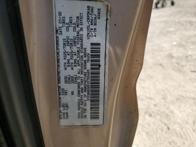 5TESN92N5YZ700485 - 2000 TOYOTA TACOMA XTRACAB PRERUNNER ოქროსფერი ფოტო 12