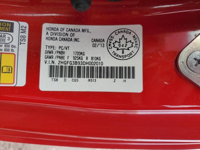 2HGFG3B93DH002010 - 2013 HONDA CIVIC EXL წითელი ფოტო 13