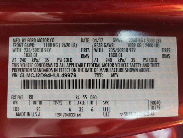5LMCJ2D94HUL49979 - 2017 LINCOLN MKC SELECT 红色 照片 14
