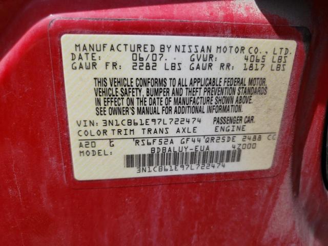 3N1CB61E97L722474 - 2007 NISSAN SENTRA SE-R SPEC V RED photo 12