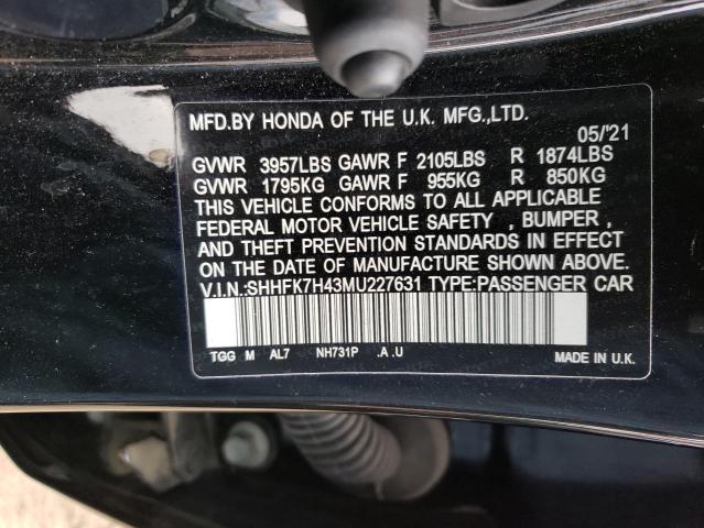 SHHFK7H43MU227631 - 2021 HONDA CIVIC SPORT 黑色 照片 12