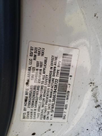 5FNRL38667B438722 - 2007 HONDA ODYSSEY EXL WHITE photo 13