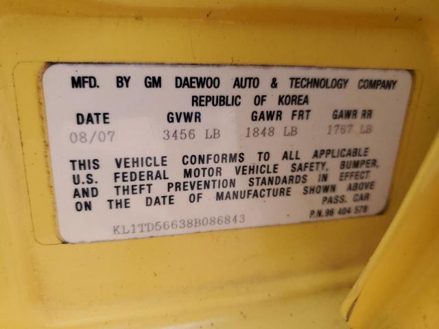 KL1TD56638B086843 - 2008 CHEVROLET AVEO BASE YELLOW photo 12