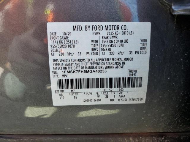 1FMSK7FH5MGA40253 - 2021 FORD EXPLORER LIMITED GRAY photo 13