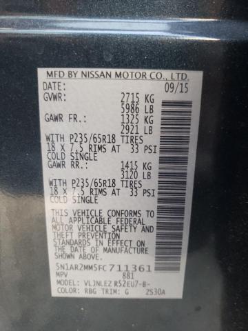 5N1AR2MM5FC711361 - 2015 NISSAN PATHFINDER S BLUE photo 10