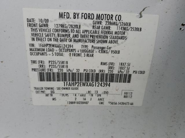 1FAHP2EWXAG124394 - 2010 FORD TAURUS SEL WHITE photo 12