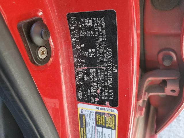 KNDJT2A51D7570510 - 2013 KIA SOUL RED photo 12