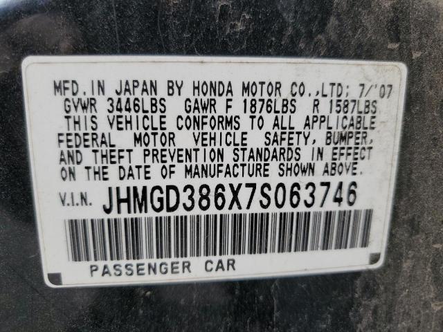 JHMGD386X7S063746 - 2007 HONDA FIT S შავი ფოტო 12