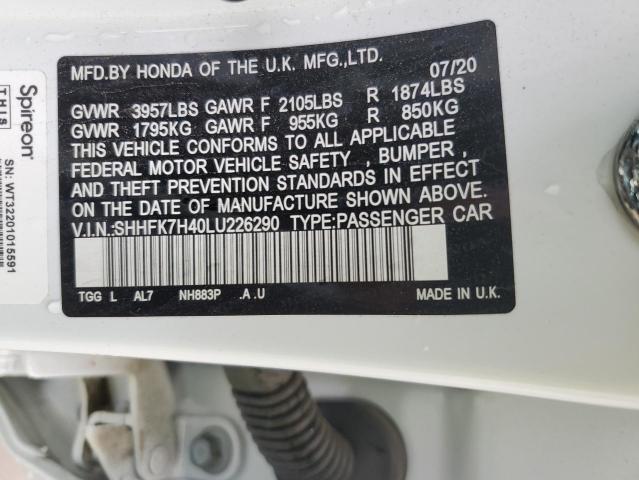 SHHFK7H40LU226290 - 2020 HONDA CIVIC SPORT 白色 照片 12