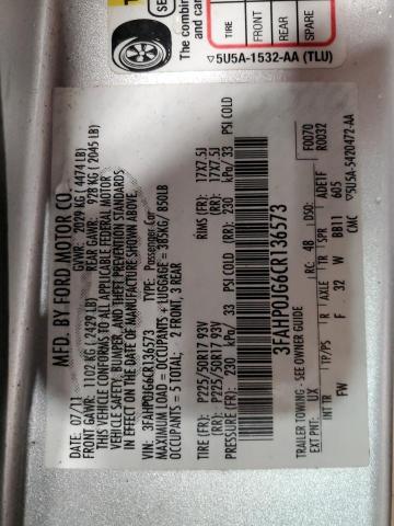 3FAHP0JG6CR136573 - 2012 FORD FUSION SEL SILVER photo 12